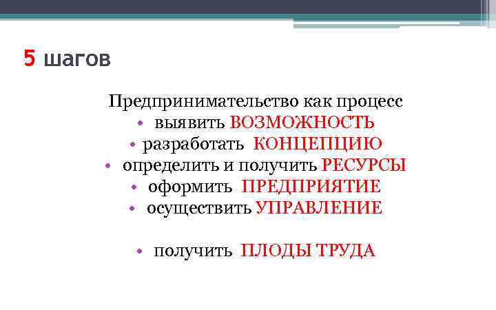 5 шагов Предпринимательство как процесс • выявить ВОЗМОЖНОСТЬ • разработать КОНЦЕПЦИЮ • определить и