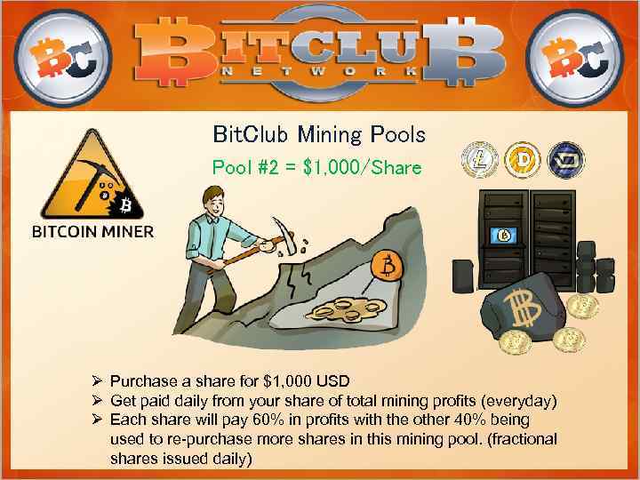 Bit. Club Mining Pools Pool #2 = $1, 000/Share Ø Purchase a share for