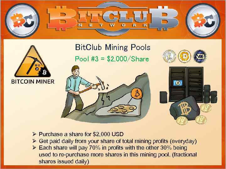 Bit. Club Mining Pools Pool #3 = $2, 000/Share Ø Purchase a share for