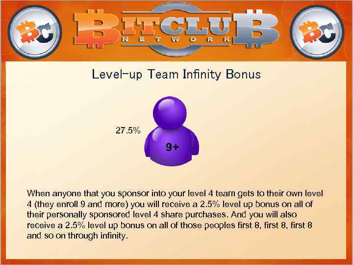 Level-up Team Infinity Bonus 27. 5% 9+ When anyone that you sponsor into your