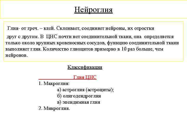 Нейроглия Глия- от греч. – клей. Склеивает, соединяет нейроны, их отростки друг с другом.