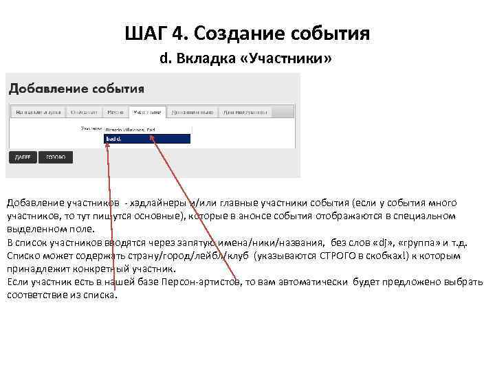 ШАГ 4. Создание события d. Вкладка «Участники» Добавление участников - хэдлайнеры и/или главные участники