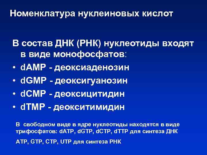 Номенклатура нуклеиновых кислот В состав ДНК (РНК) нуклеотиды входят в виде монофосфатов: • d.