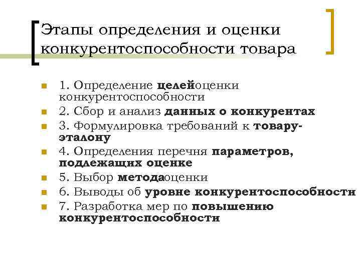 Этапы определения и оценки конкурентоспособности товара n n n n 1. Определение целей оценки