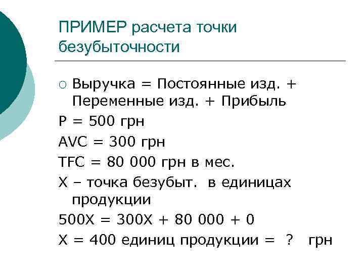 ПРИМЕР расчета точки безубыточности Выручка = Постоянные изд. + Переменные изд. + Прибыль Р