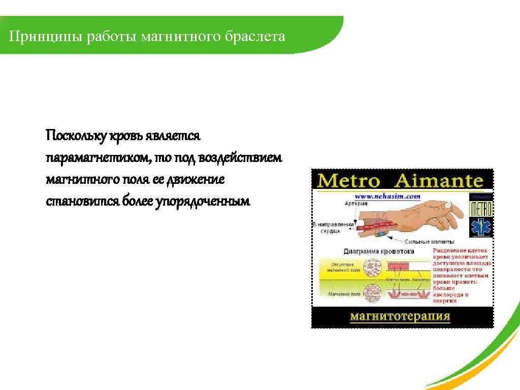 Принципы работы магнитного браслета Поскольку кровь является парамагнетиком, то под воздействием магнитного поля ее