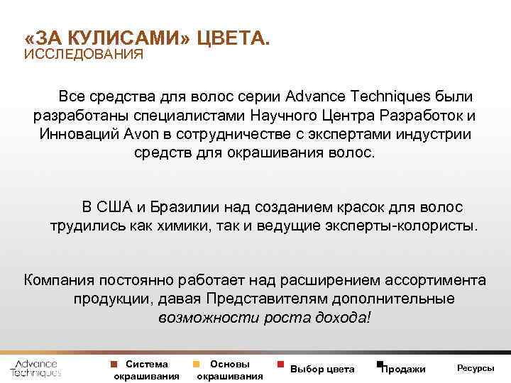  «ЗА КУЛИСАМИ» ЦВЕТА. ИССЛЕДОВАНИЯ Все средства для волос серии Advance Techniques были разработаны