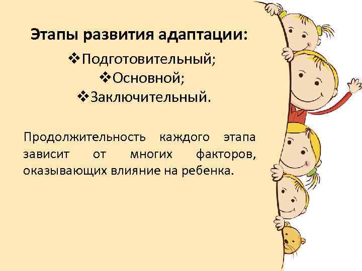 Этапы развития адаптации: Подготовительный; Основной; Заключительный. Продолжительность каждого этапа зависит от многих факторов, оказывающих