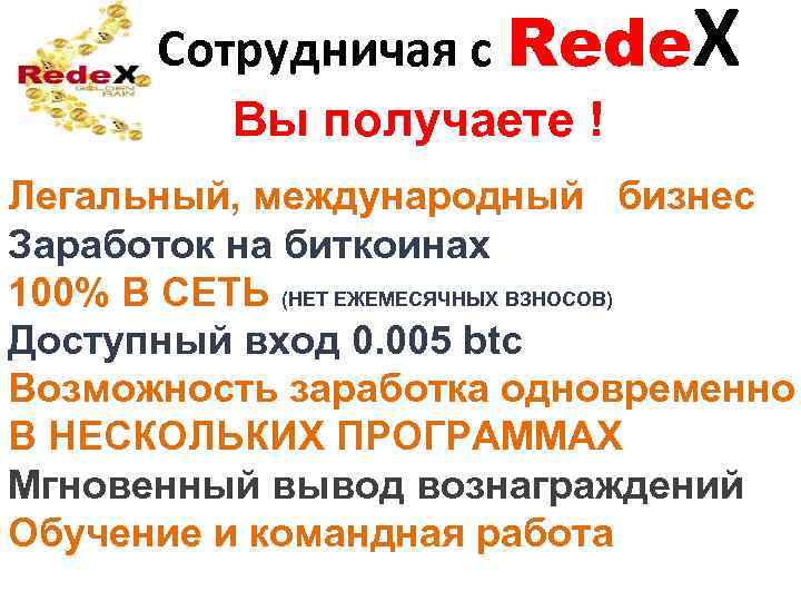 Сотрудничая с Rede X Вы получаете ! Легальный, международный бизнес Заработок на биткоинах 100%