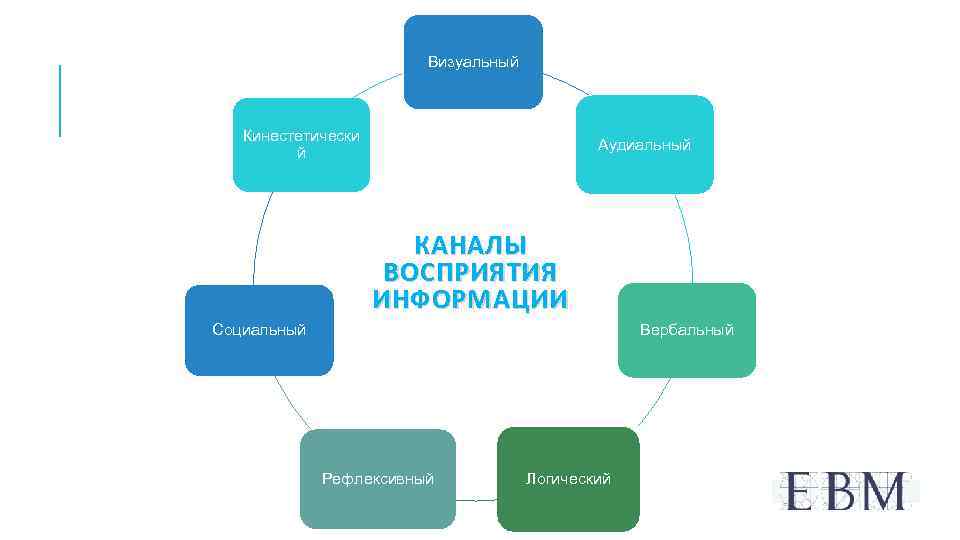 Визуальный Кинестетически й Аудиальный КАНАЛЫ ВОСПРИЯТИЯ ИНФОРМАЦИИ Вербальный Социальный Рефлексивный Логический 