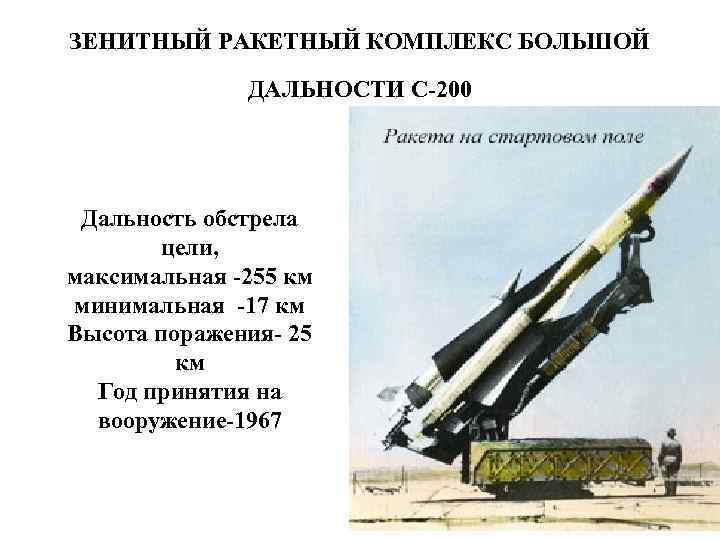 ЗЕНИТНЫЙ РАКЕТНЫЙ КОМПЛЕКС БОЛЬШОЙ ДАЛЬНОСТИ С-200 Дальность обстрела цели, максимальная -255 км минимальная -17