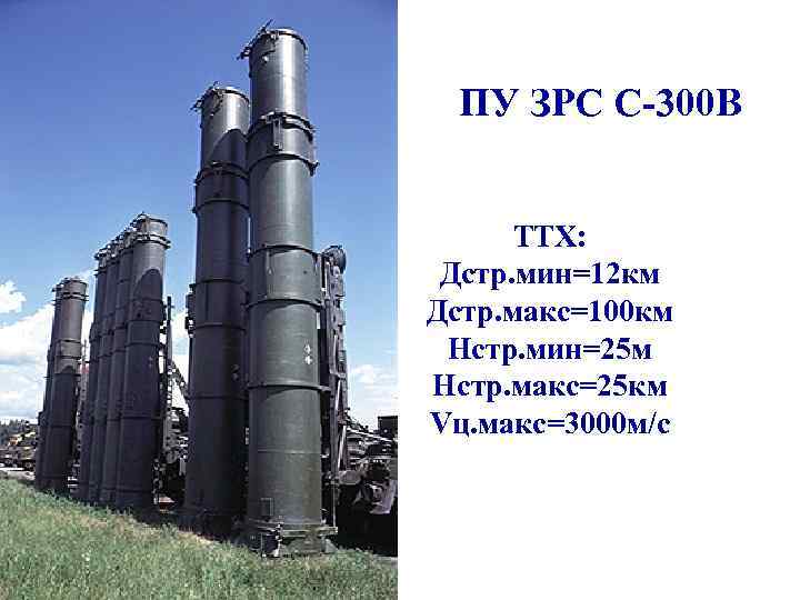 ПУ ЗРС С-300 В ТТХ: Дстр. мин=12 км Дстр. макс=100 км Нстр. мин=25 м