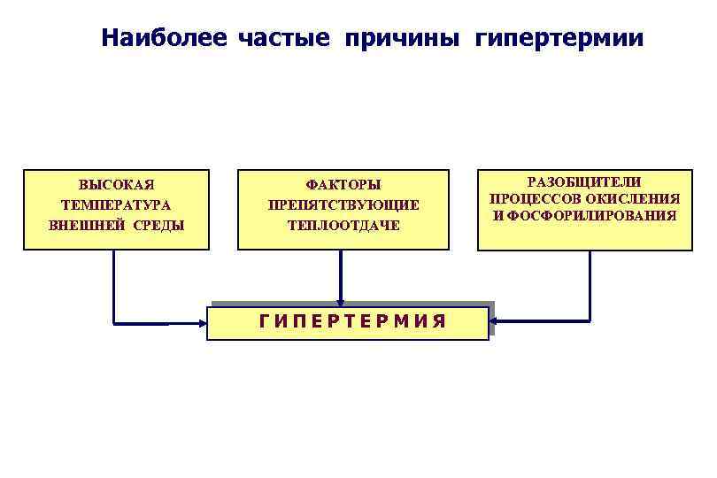 Наиболее частые причины гипертермии ВЫСОКАЯ ТЕМПЕРАТУРА ВНЕШНЕЙ СРЕДЫ ФАКТОРЫ ПРЕПЯТСТВУЮЩИЕ ТЕПЛООТДАЧЕ ГИПЕРТЕРМИЯ РАЗОБЩИТЕЛИ ПРОЦЕССОВ