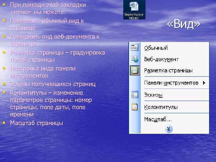  • При помощи этой закладки • • «меню» вы можете: Применить обычный вид