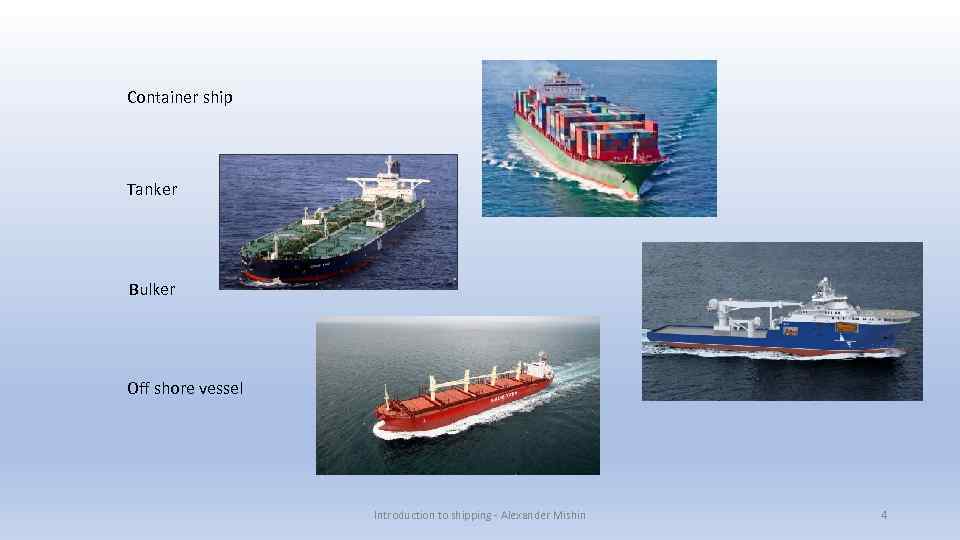 Container ship Tanker Bulker Off shore vessel Introduction to shipping - Alexander Mishin 4