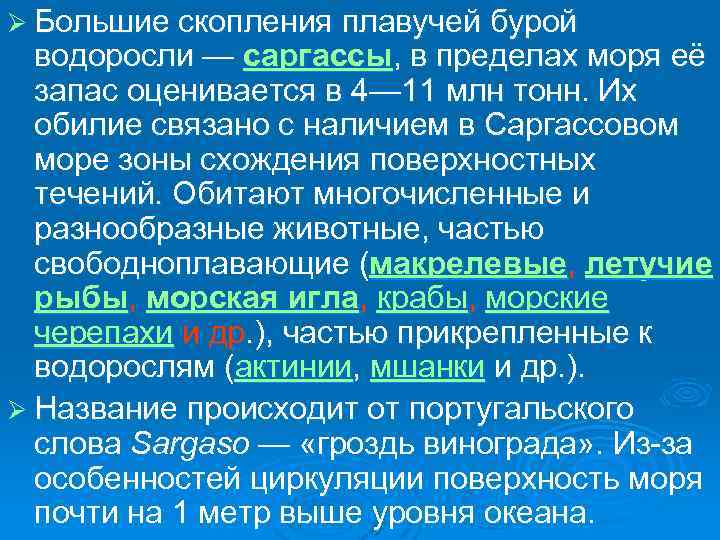 Ø Большие скопления плавучей бурой водоросли — саргассы, в пределах моря её запас оценивается