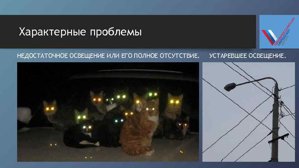 Характерные проблемы НЕДОСТАТОЧНОЕ ОСВЕЩЕНИЕ ИЛИ ЕГО ПОЛНОЕ ОТСУТСТВИЕ. УСТАРЕВШЕЕ ОСВЕЩЕНИЕ. 