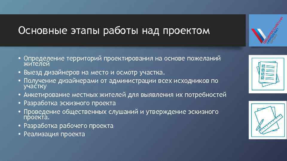 Основные этапы работы над проектом • Определение территорий проектирования на основе пожеланий жителей •