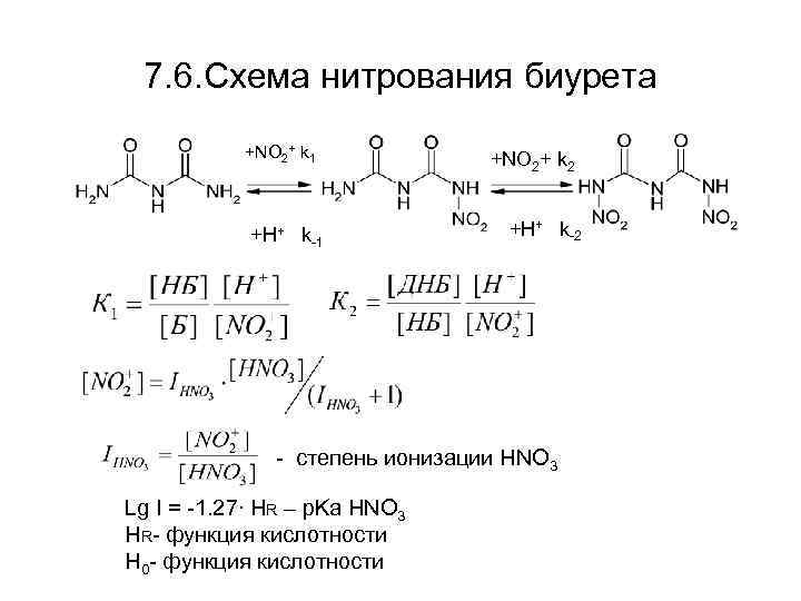 7. 6. Схема нитрования биурета +NO 2+ k 1 +H+ k 1 +NO 2+