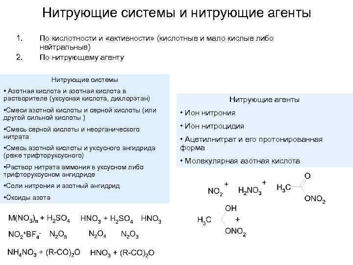Нитрующие системы и нитрующие агенты 1. 2. По кислотности и «активности» (кислотные и мало