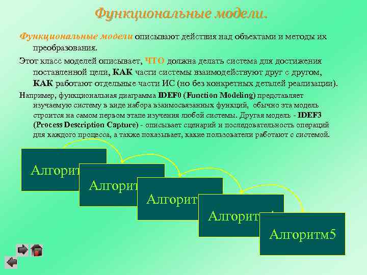 Функциональные модели описывают действия над объектами и методы их преобразования. Этот класс моделей описывает,