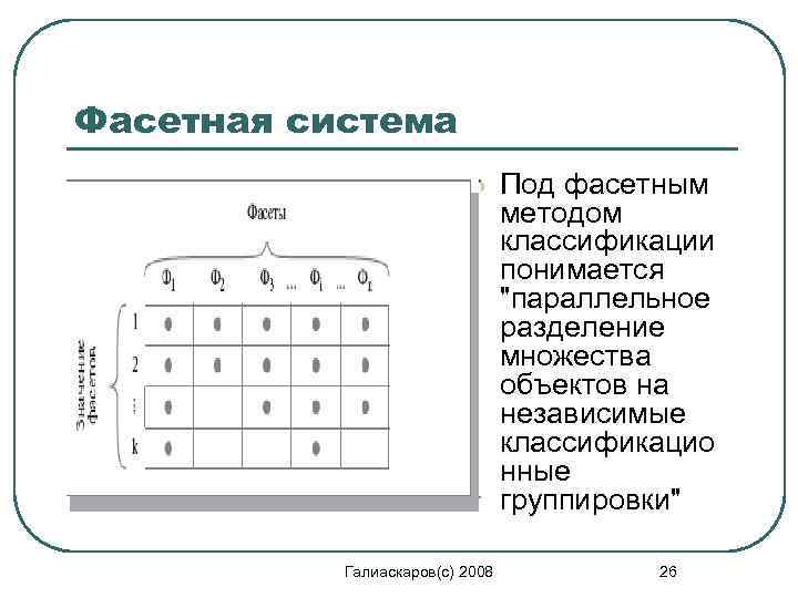 Фасетная система l Галиаскаров(с) 2008 Под фасетным методом классификации понимается "параллельное разделение множества объектов