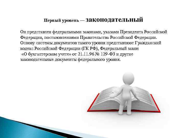 Первый уровень — законодательный Он представлен федеральными законами, указами Президента Российской Федерации, постановлениями Правительства