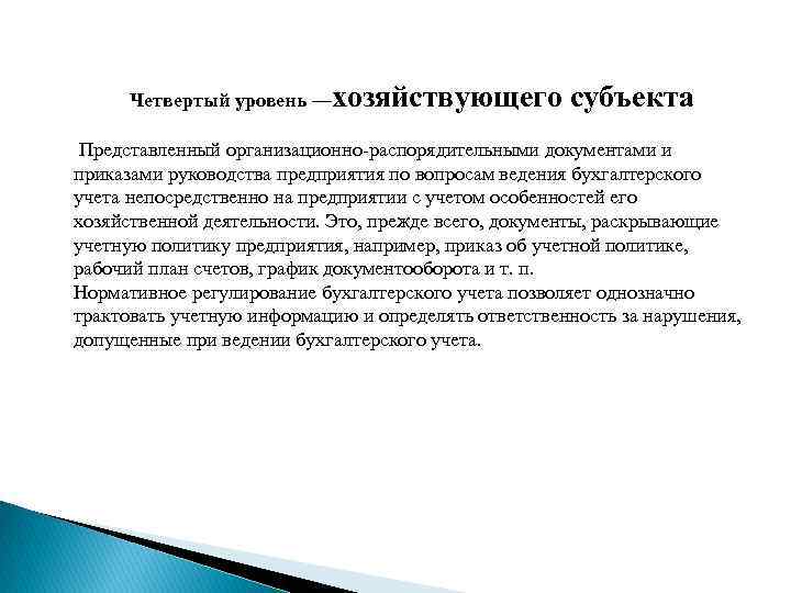 Четвертый уровень —хозяйствующего субъекта Представленный организационно-распорядительными документами и приказами руководства предприятия по вопросам ведения