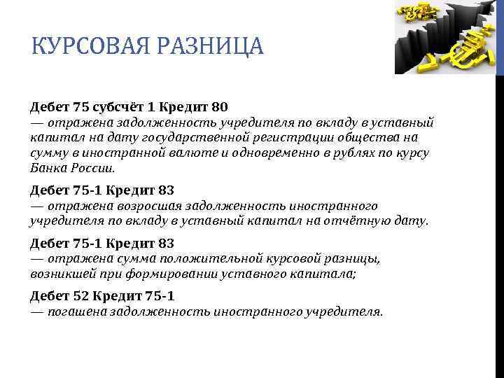 КУРСОВАЯ РАЗНИЦА Дебет 75 субсчёт 1 Кредит 80 — отражена задолженность учредителя по вкладу