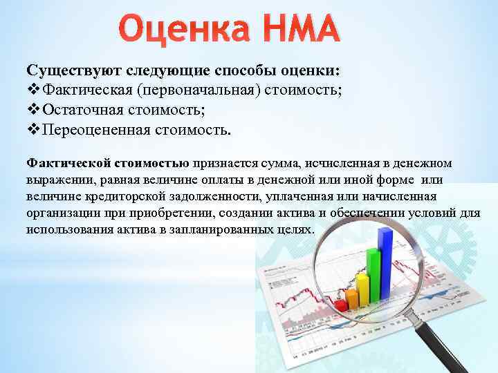 Оценка НМА Существуют следующие способы оценки: v. Фактическая (первоначальная) стоимость; v. Остаточная стоимость; v.