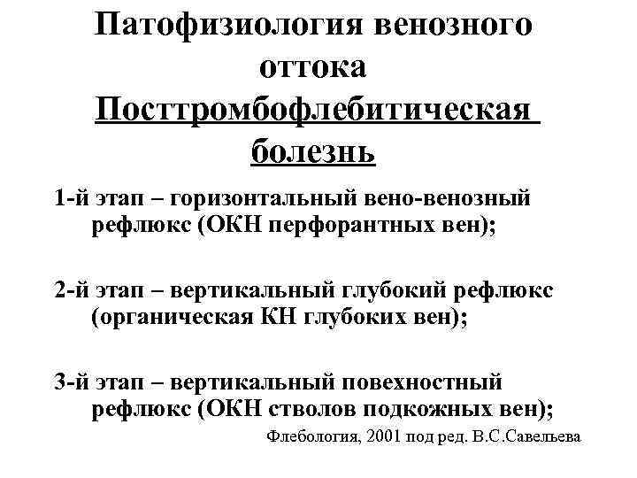 Патофизиология венозного оттока Посттромбофлебитическая болезнь 1 -й этап – горизонтальный вено-венозный рефлюкс (ОКН перфорантных