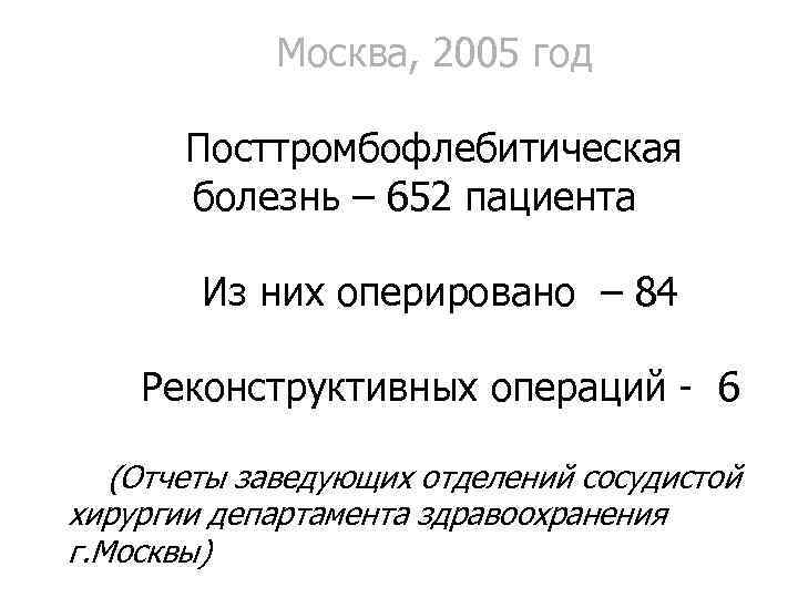 Москва, 2005 год Посттромбофлебитическая болезнь – 652 пациента Из них оперировано – 84 Реконструктивных