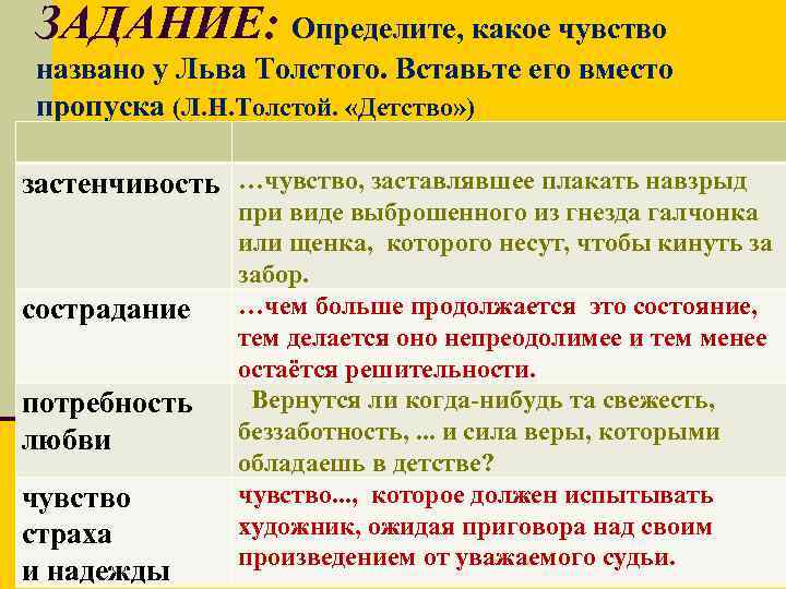 ЗАДАНИЕ: Определите, какое чувство названо у Льва Толстого. Вставьте его вместо пропуска (Л. Н.