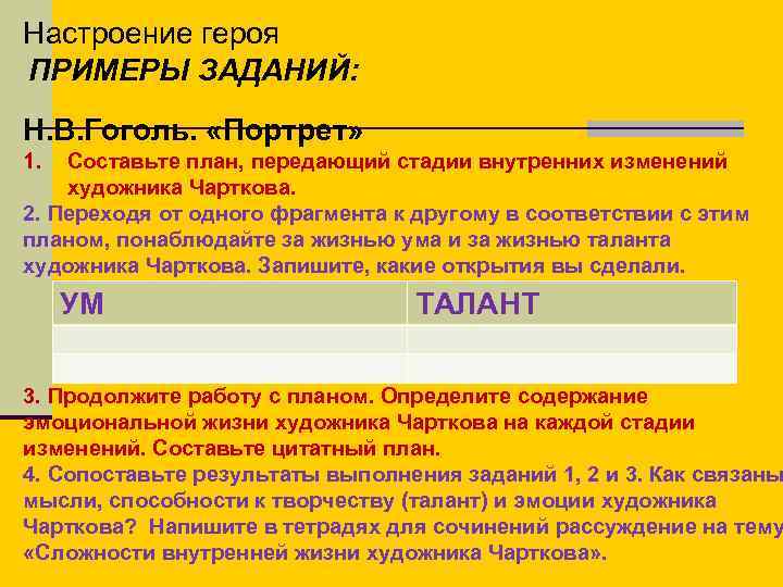 Настроение героя ПРИМЕРЫ ЗАДАНИЙ: Н. В. Гоголь. «Портрет» 1. Составьте план, передающий стадии внутренних