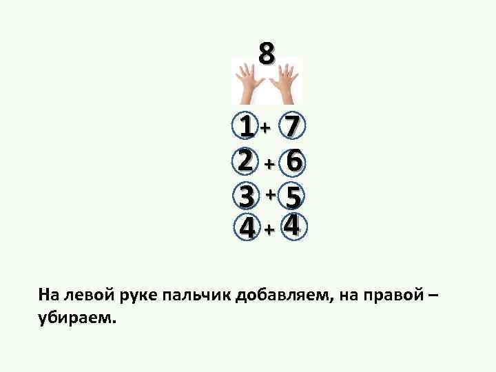 8 1+ 7 2+6 3+5 4+4 На левой руке пальчик добавляем, на правой –