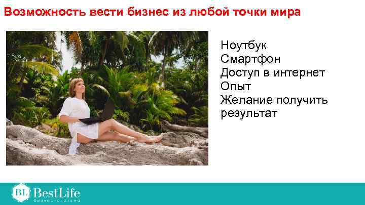Возможность вести бизнес из любой точки мира Ноутбук Смартфон Доступ в интернет Опыт Желание