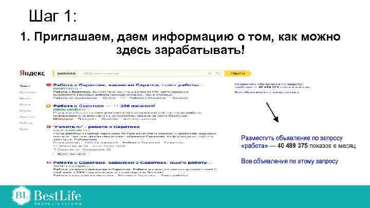 Шаг 1: 1. Приглашаем, даем информацию о том, как можно здесь зарабатывать! 