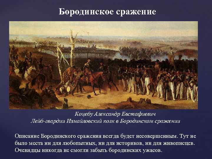 Бородинское сражение Коцебу Александр Евстафиевич Лейб-гвардии Измайловский полк в Бородинском сражении Описание Бородинского сражения