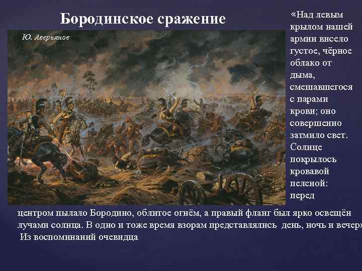 Бородинское сражение Ю. Аверьянов «Над левым крылом нашей армии висело густое, чёрное облако от