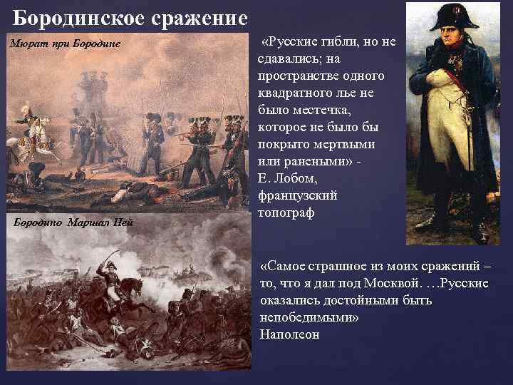 Бородинское сражение Мюрат при Бородине Бородино Маршал Ней «Русские гибли, но не сдавались; на