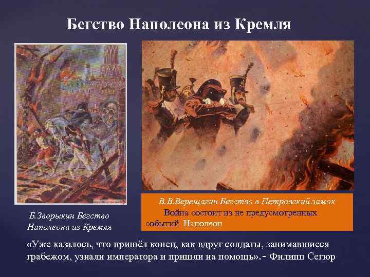 Бегство Наполеона из Кремля Б. Зворыкин Бегство Наполеона из Кремля В. В. Верещагин Бегство