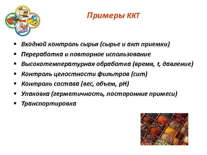 Примеры ККТ § § § § Входной контроль сырья (сырье и акт приемки) Переработка