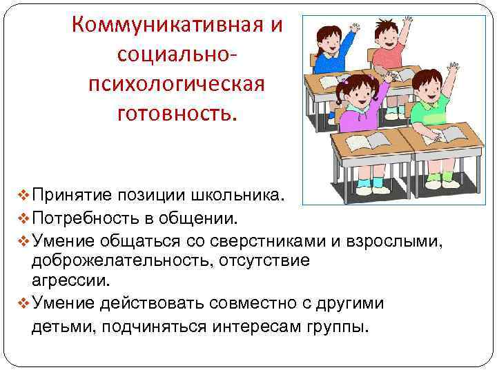 Коммуникативная и социальнопсихологическая готовность. v Принятие позиции школьника. v Потребность в общении. v Умение