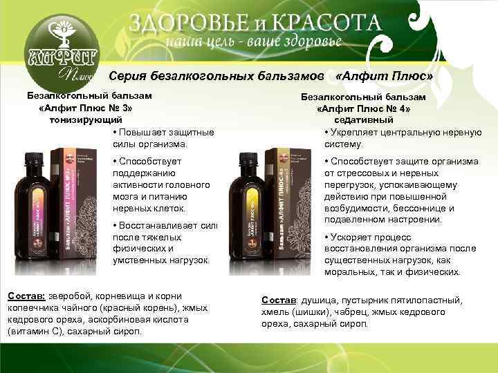 Серия безалкогольных бальзамов «Алфит Плюс» Безалкогольный бальзам «Алфит Плюс № 3» тонизирующий • Повышает