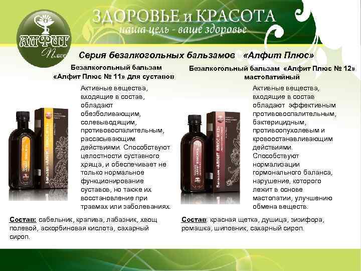 Серия безалкогольных бальзамов «Алфит Плюс» Безалкогольный бальзам «Алфит Плюс № 11» для суставов Активные