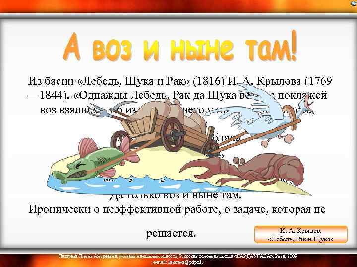  Из басни «Лебедь, Щука и Рак» (1816) И. А. Крылова (1769 — 1844).