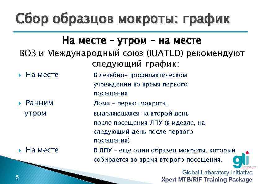 Сбор образцов мокроты: график На месте – утром – на месте ВОЗ и Международный