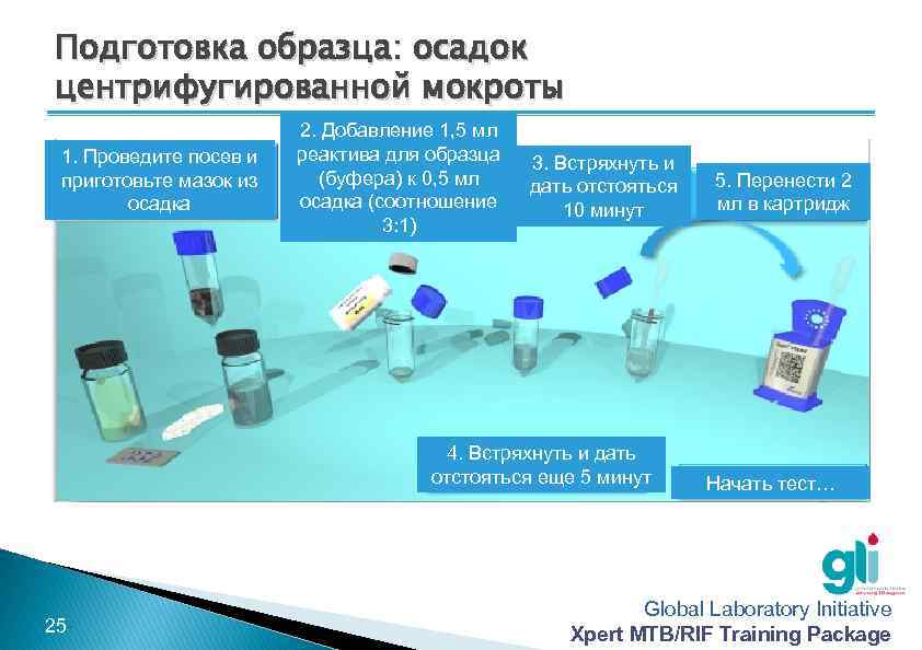 Подготовка образца: осадок центрифугированной мокроты 1. Проведите посев и приготовьте мазок из осадка 2.