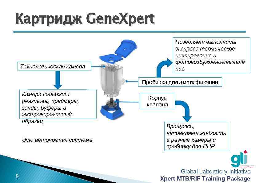 Картридж Gene. Xpert Позволяет выполнить экспресс-термическое циклирование и фотовозбуждение/выявле ние Технологическая камера Пробирка для