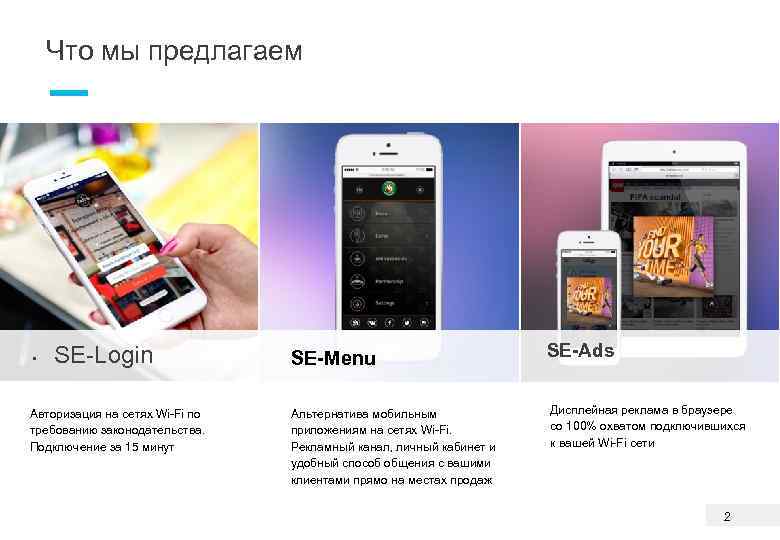 Что мы предлагаем • SE-Login Авторизация на сетях Wi-Fi по требованию законодательства. Подключение за